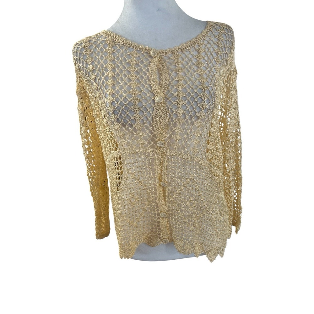 Vintage Gold Crochet Lace Cardigan Shrug Knit Open Stitch Sweater Med. Y2K 90s